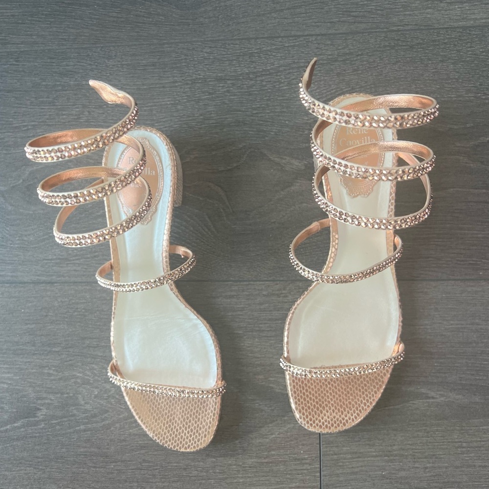 Rene Caovilla Cleo embellished rose gold leather sandals. 37.5